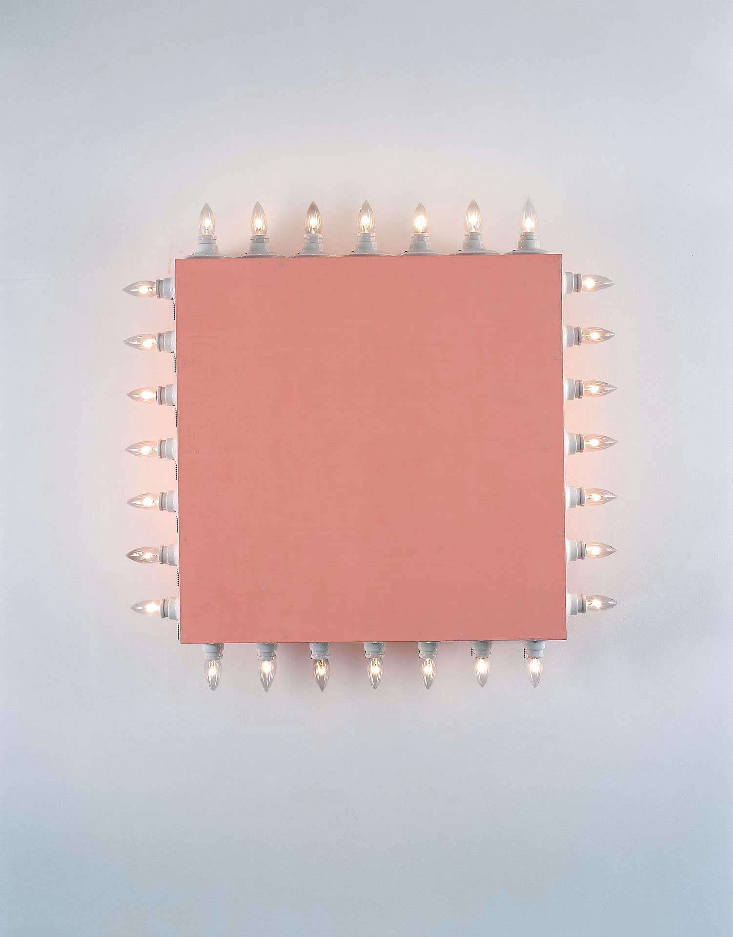 A mixed media wall-mounted sculpture by Dan Flavin, titled icon V (Coran's Broadway Flesh), dated 1962.